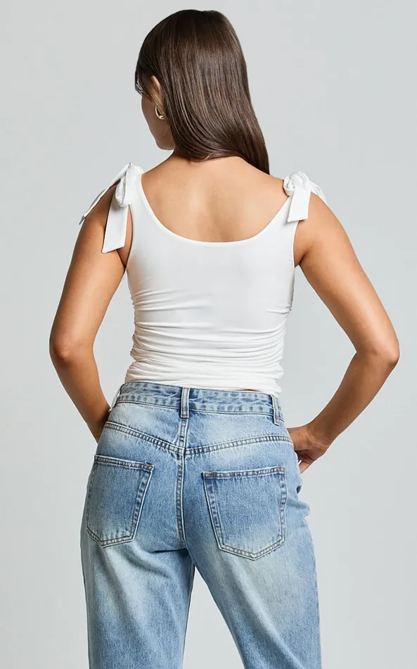 Showpo Alina Top 8211 Tie Shoulder Square Neck Ruched Top In White Women Tops