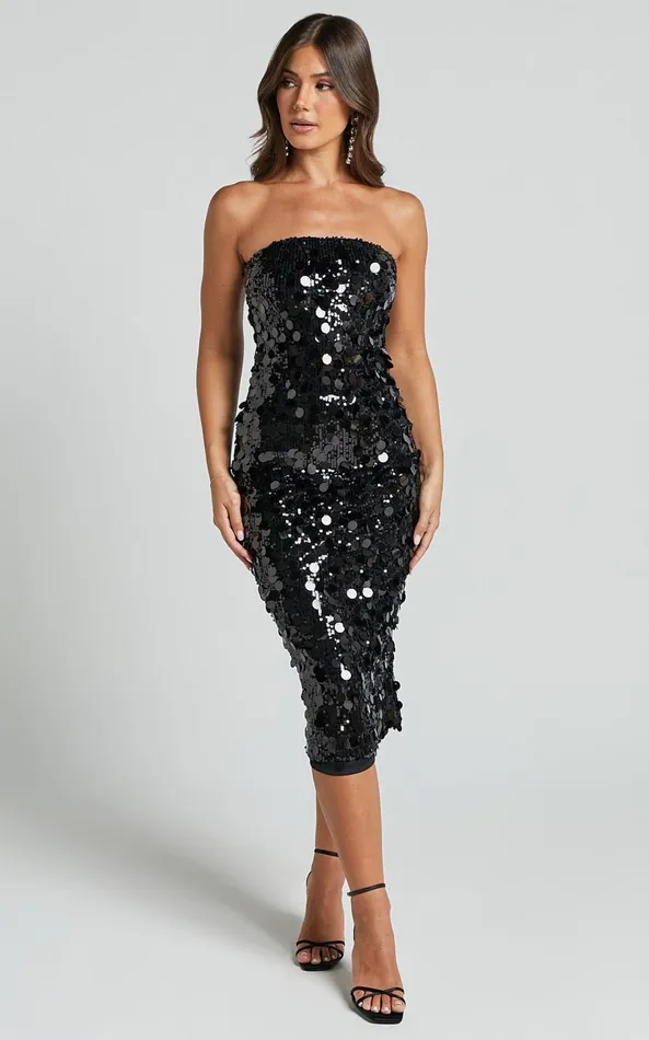 Showpo Aliona Midi Dress 8211 Strapless Bodycon Sequin Dress In Black Women Dresses