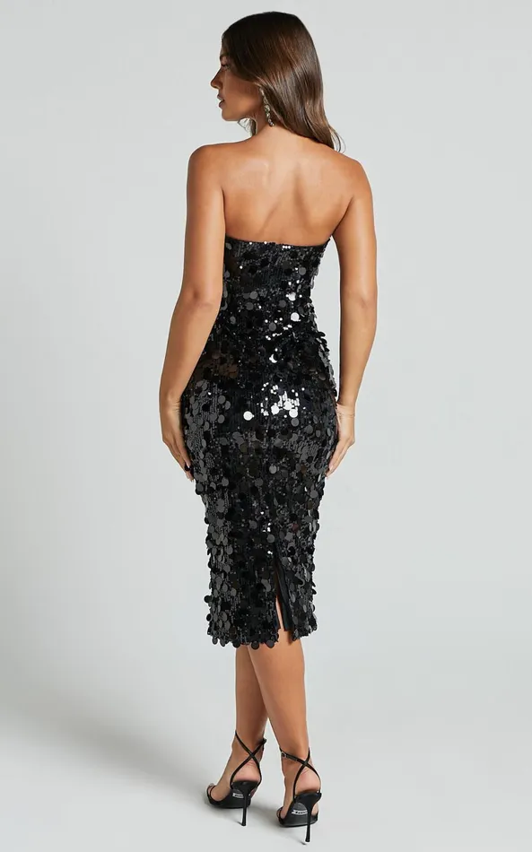 Showpo Aliona Midi Dress 8211 Strapless Bodycon Sequin Dress In Black Women Dresses