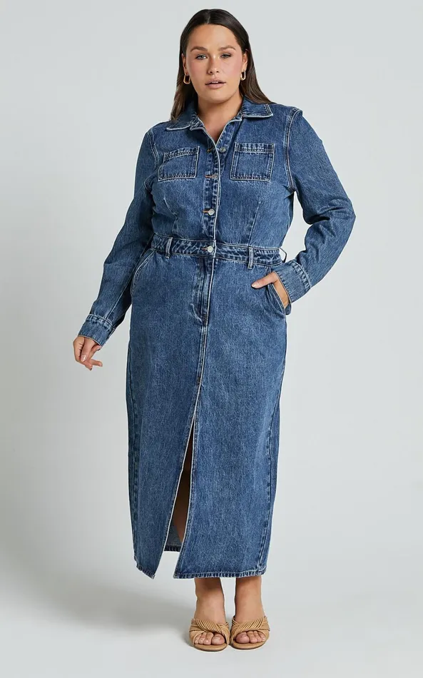 Showpo Alison Midi Dress 8211 Long Sleeve Front Split Denim Dress In Mid Blue Wash Women Curve Clothes
