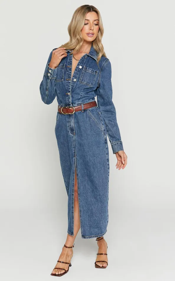 Showpo Alison Midi Dress 8211 Long Sleeve Front Split Denim Dress In Mid Blue Wash Women Curve Clothes
