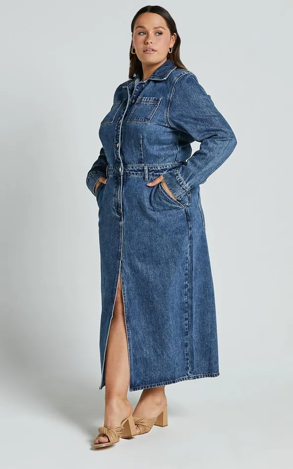 Showpo Alison Midi Dress 8211 Long Sleeve Front Split Denim Dress In Mid Blue Wash Women Curve Clothes