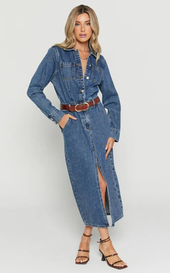 Showpo Alison Midi Dress 8211 Long Sleeve Front Split Denim Dress In Mid Blue Wash Women Curve Clothes