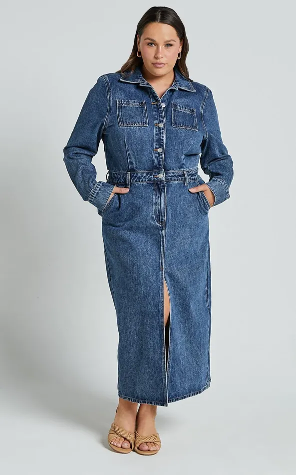 Showpo Alison Midi Dress 8211 Long Sleeve Front Split Denim Dress In Mid Blue Wash Women Curve Clothes
