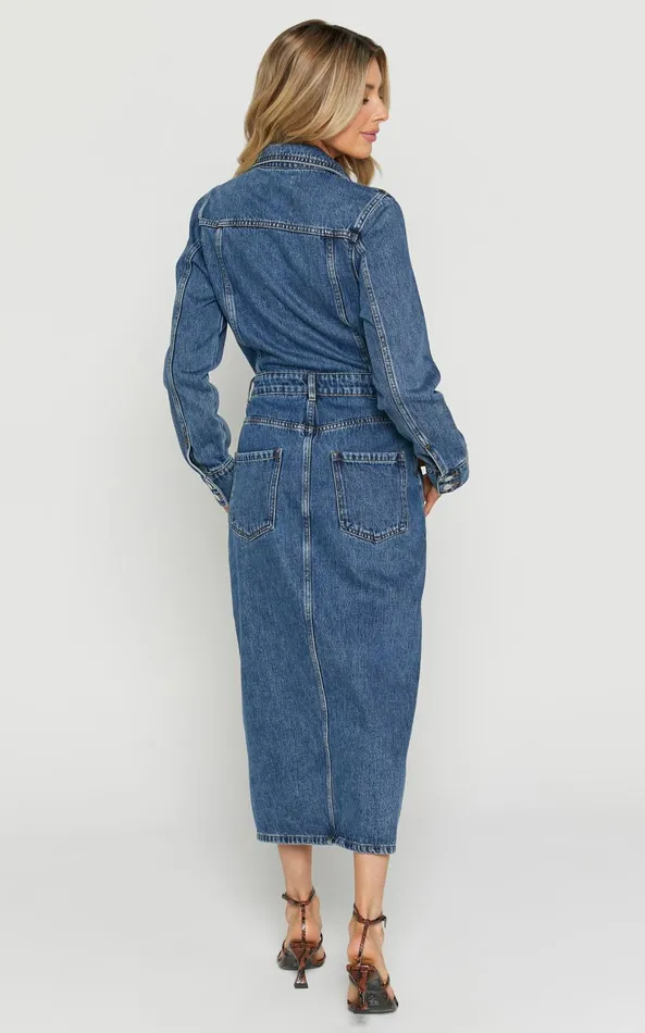 Showpo Alison Midi Dress 8211 Long Sleeve Front Split Denim Dress In Mid Blue Wash Women Curve Clothes