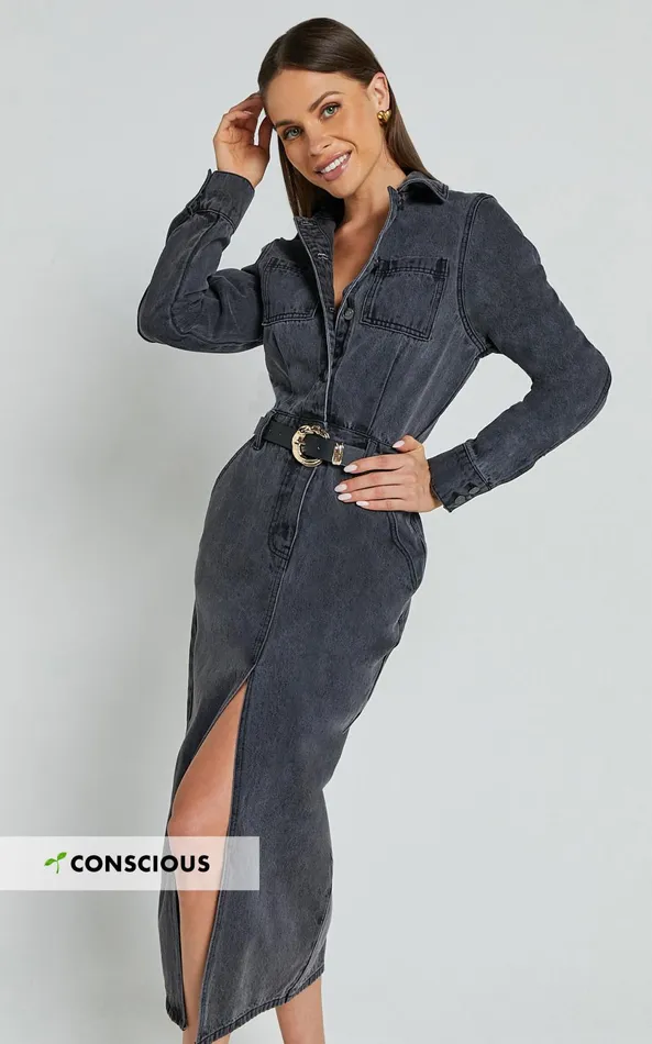 Showpo Alison Midi Dress 8211 Long Sleeve Front Split Denim Dress In Washed Black Women Curve Clothes Showpo Alison Midi Dress 8211 Long Sleeve Front Split Denim Dress In Washed Black Women Curve Clothes