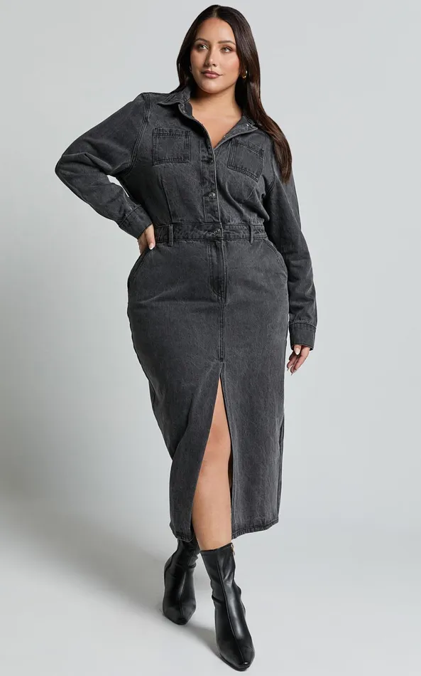 Showpo Alison Midi Dress 8211 Long Sleeve Front Split Denim Dress In Washed Black Women Curve Clothes