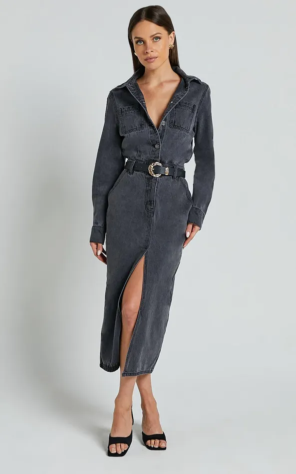 Showpo Alison Midi Dress 8211 Long Sleeve Front Split Denim Dress In Washed Black Women Curve Clothes