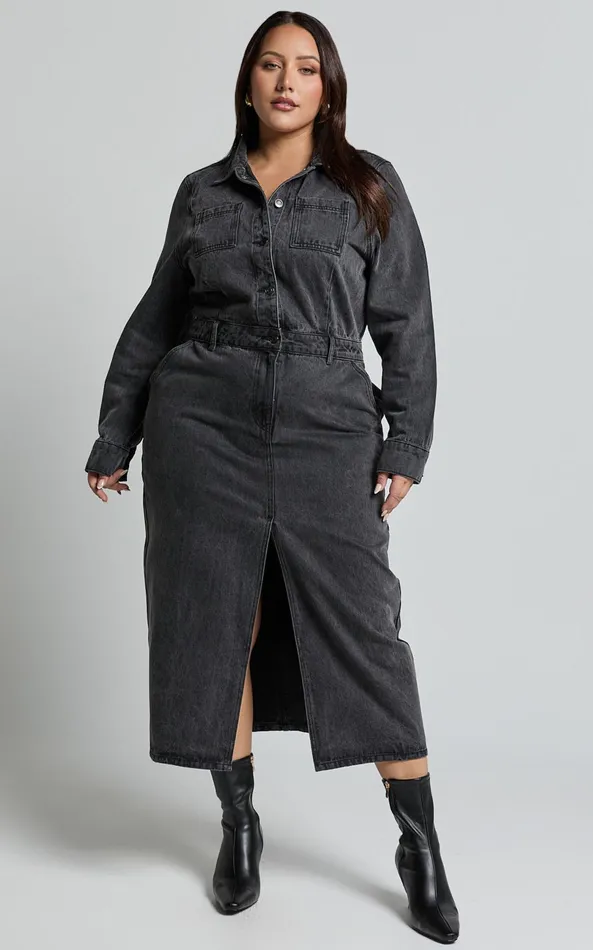 Showpo Alison Midi Dress 8211 Long Sleeve Front Split Denim Dress In Washed Black Women Curve Clothes