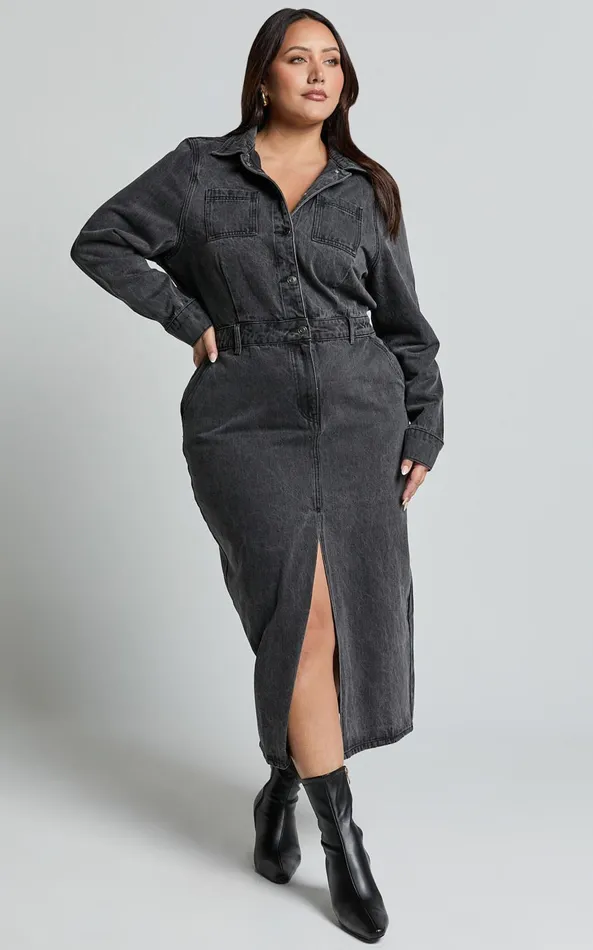 Showpo Alison Midi Dress 8211 Long Sleeve Front Split Denim Dress In Washed Black Women Curve Clothes