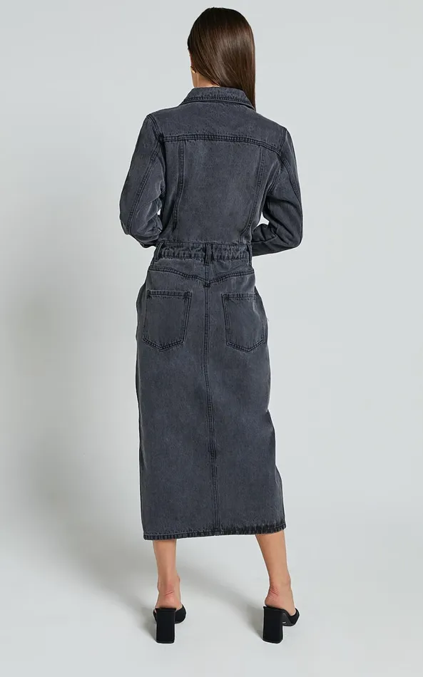 Showpo Alison Midi Dress 8211 Long Sleeve Front Split Denim Dress In Washed Black Women Curve Clothes