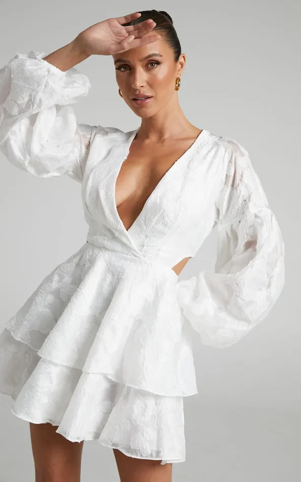 Showpo Allea Mini Dress 8211 V Neck Balloon Sleeve Tiered Jacquard Dress In White Women Curve Clothes Showpo Allea Mini Dress 8211 V Neck Balloon Sleeve Tiered Jacquard Dress In White Women Curve Clothes