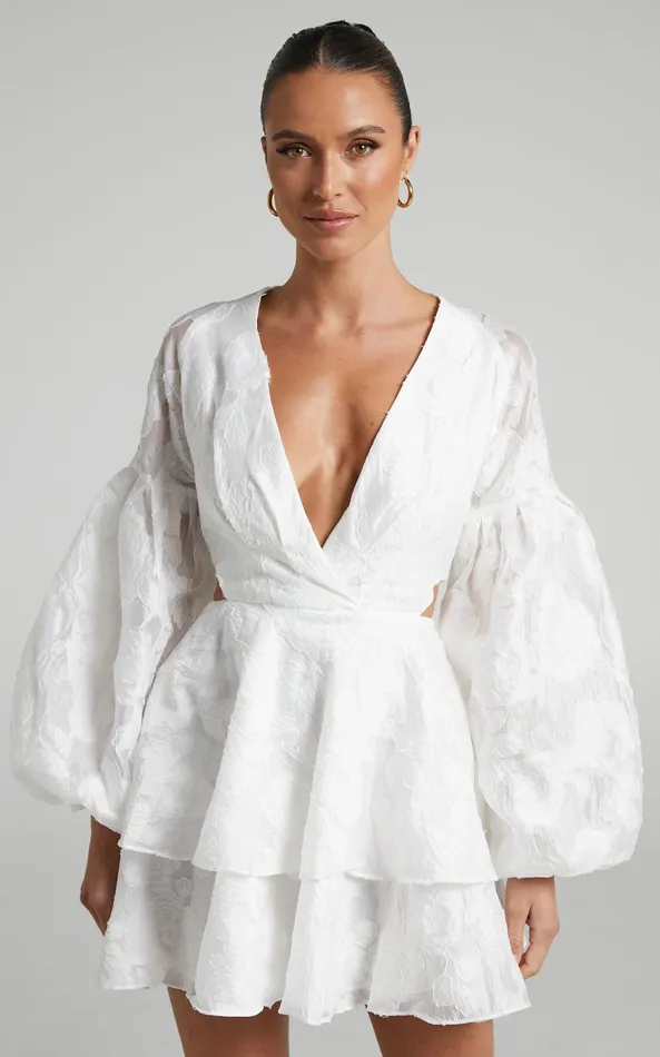 Showpo Allea Mini Dress 8211 V Neck Balloon Sleeve Tiered Jacquard Dress In White Women Curve Clothes