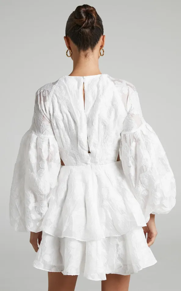 Showpo Allea Mini Dress 8211 V Neck Balloon Sleeve Tiered Jacquard Dress In White Women Curve Clothes