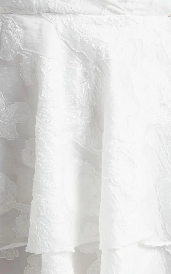 Showpo Allea Mini Dress 8211 V Neck Balloon Sleeve Tiered Jacquard Dress In White Women Curve Clothes
