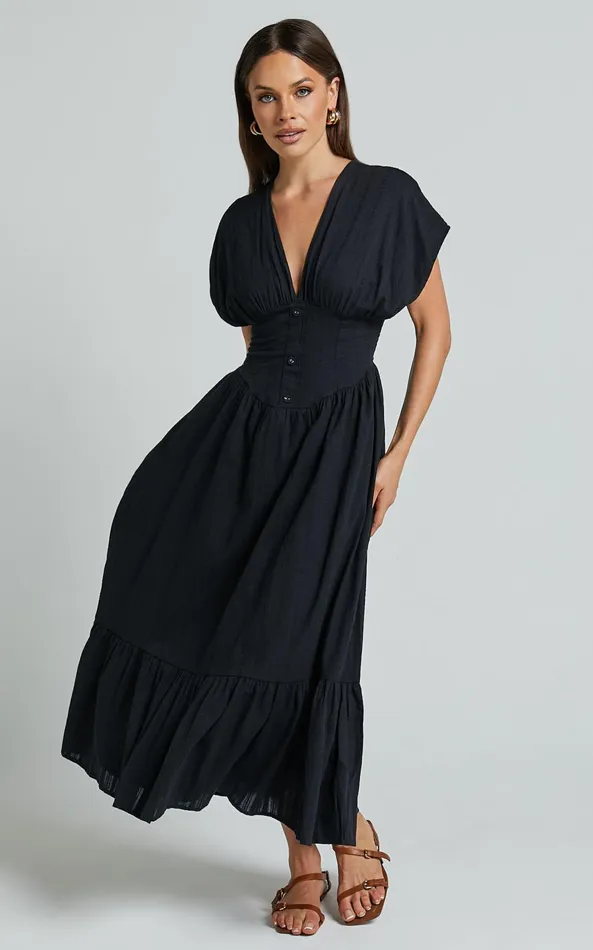 Showpo Allegra Midi Dress 8211 Deep V Neck A Line Dress In Black Women Dresses Showpo Allegra Midi Dress 8211 Deep V Neck A Line Dress In Black Women Dresses