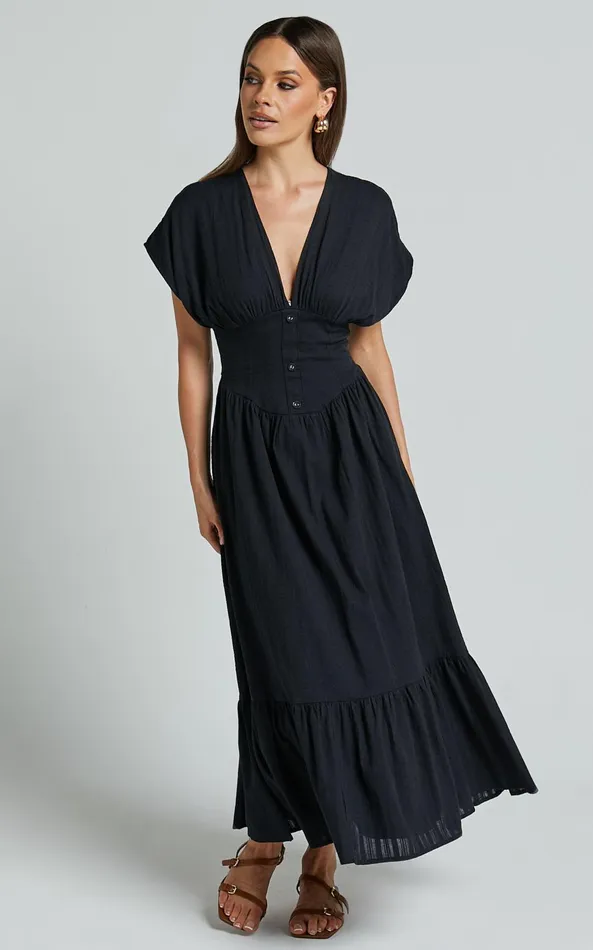 Showpo Allegra Midi Dress 8211 Deep V Neck A Line Dress In Black Women Dresses