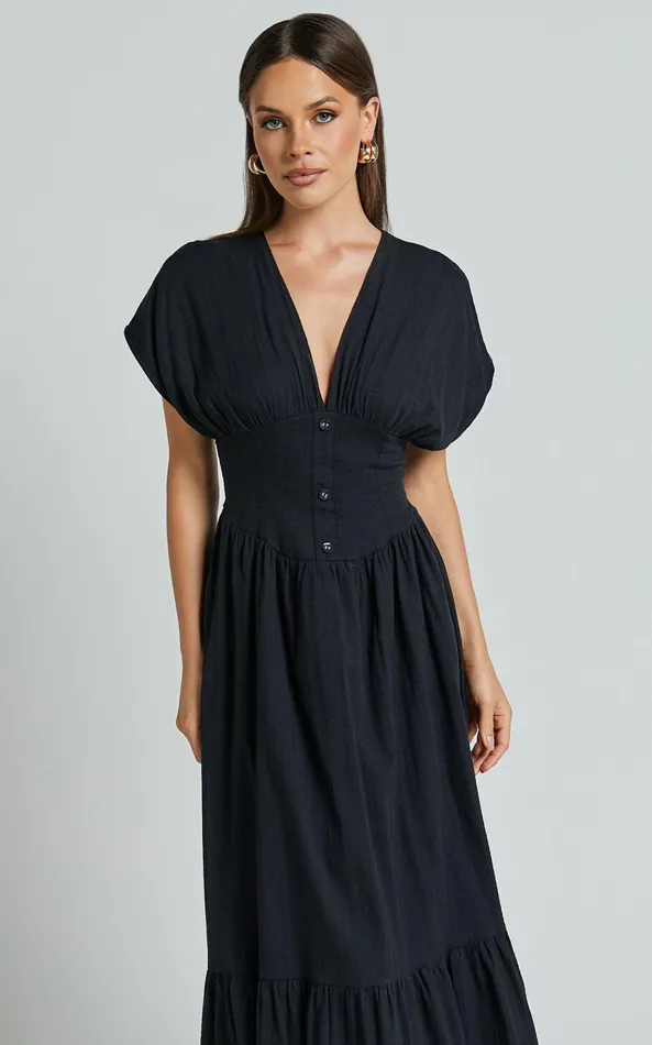 Showpo Allegra Midi Dress 8211 Deep V Neck A Line Dress In Black Women Dresses