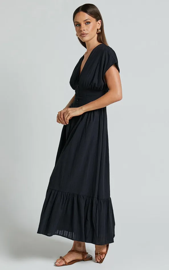 Showpo Allegra Midi Dress 8211 Deep V Neck A Line Dress In Black Women Dresses
