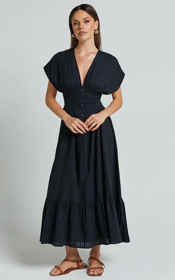 Showpo Allegra Midi Dress 8211 Deep V Neck A Line Dress In Black Women Dresses