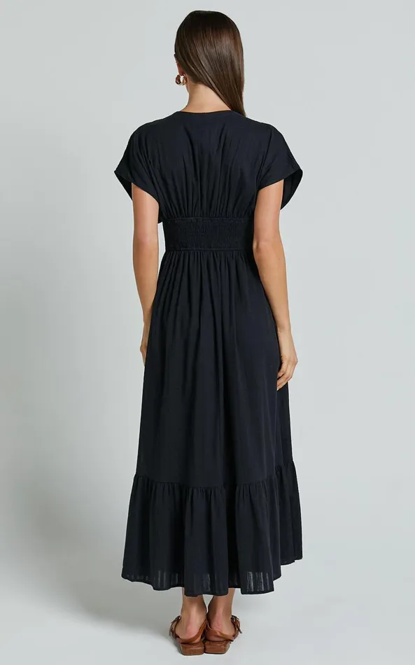 Showpo Allegra Midi Dress 8211 Deep V Neck A Line Dress In Black Women Dresses