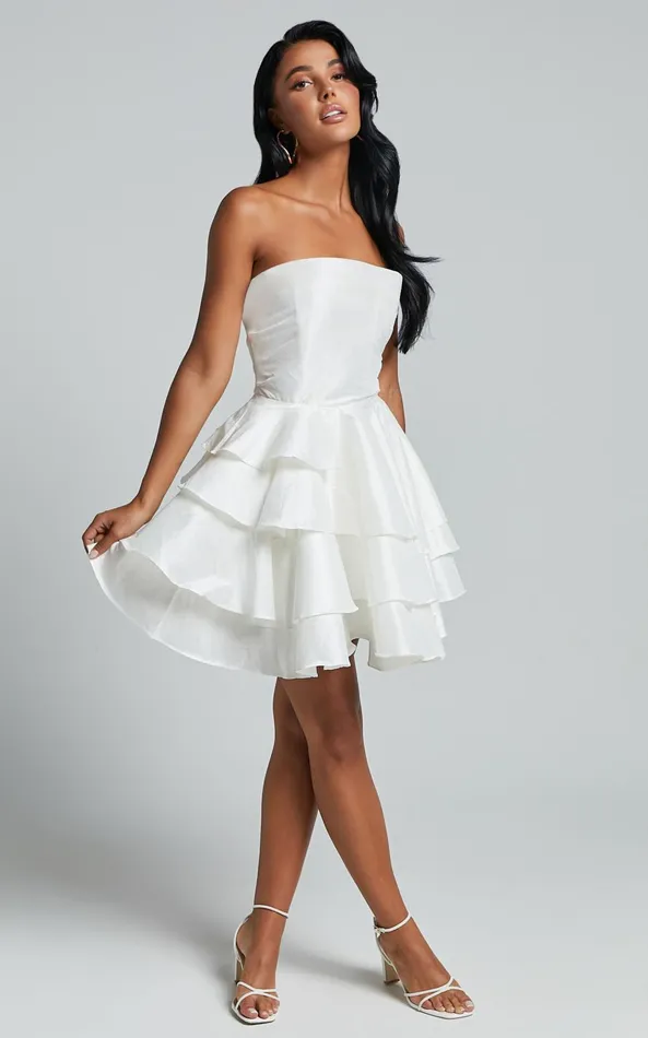 Showpo Allisyn Mini Dress 8211 Strapless Tiered Flare Dress In White Women Dresses