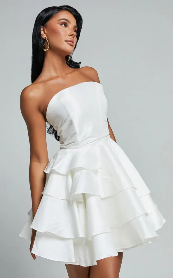 Showpo Allisyn Mini Dress 8211 Strapless Tiered Flare Dress In White Women Dresses