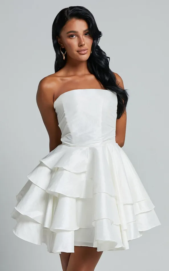 Showpo Allisyn Mini Dress 8211 Strapless Tiered Flare Dress In White Women Dresses