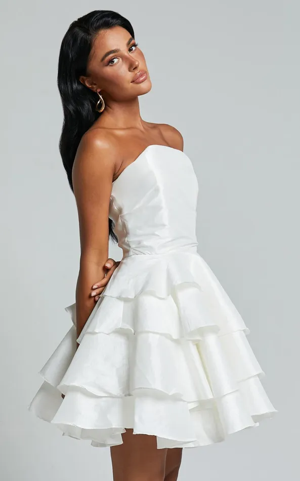 Showpo Allisyn Mini Dress 8211 Strapless Tiered Flare Dress In White Women Dresses
