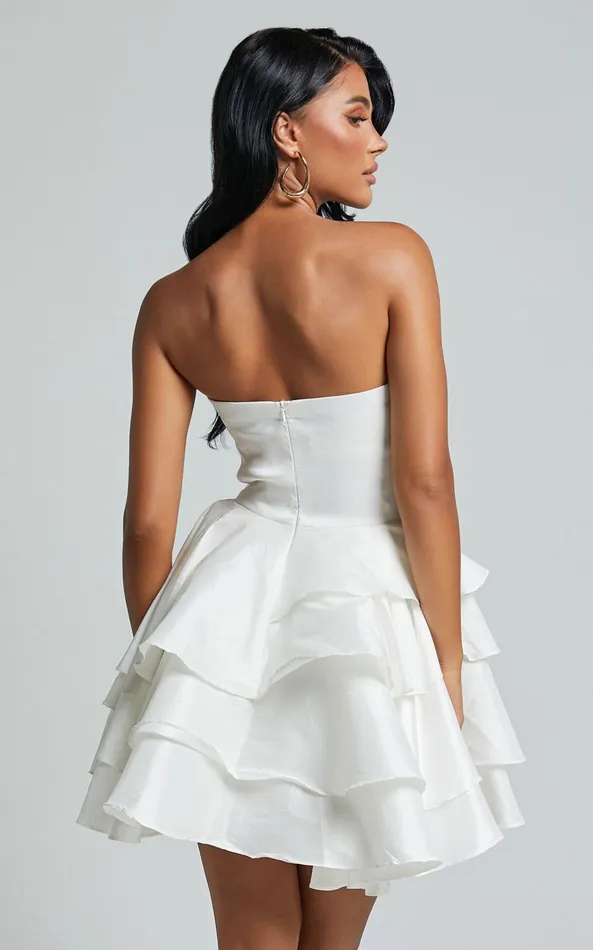 Showpo Allisyn Mini Dress 8211 Strapless Tiered Flare Dress In White Women Dresses