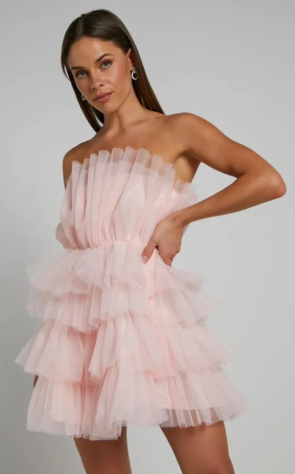 Showpo Allora Mini Dress 8211 Tiered Tulle Fit And Flare Dress In Pale Pink Women Dresses