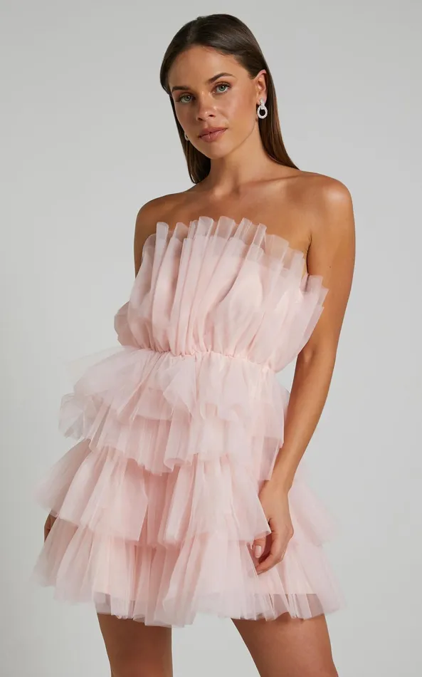 Showpo Allora Mini Dress 8211 Tiered Tulle Fit And Flare Dress In Pale Pink Women Dresses