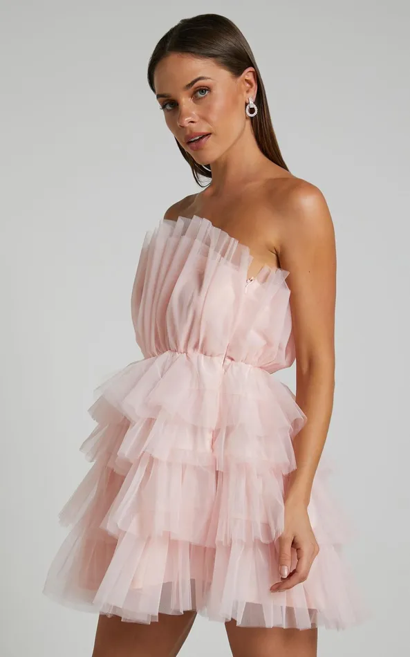 Showpo Allora Mini Dress 8211 Tiered Tulle Fit And Flare Dress In Pale Pink Women Dresses
