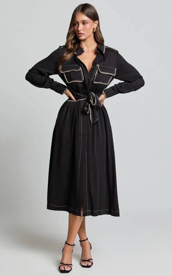 Showpo Ally Midi Dress 8211 Collared Button Through Long Sleeve Tie Dress In Black Women Dresses Showpo Ally Midi Dress 8211 Collared Button Through Long Sleeve Tie Dress In Black Women Dresses