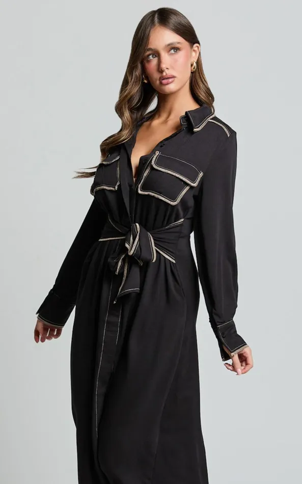 Showpo Ally Midi Dress 8211 Collared Button Through Long Sleeve Tie Dress In Black Women Dresses