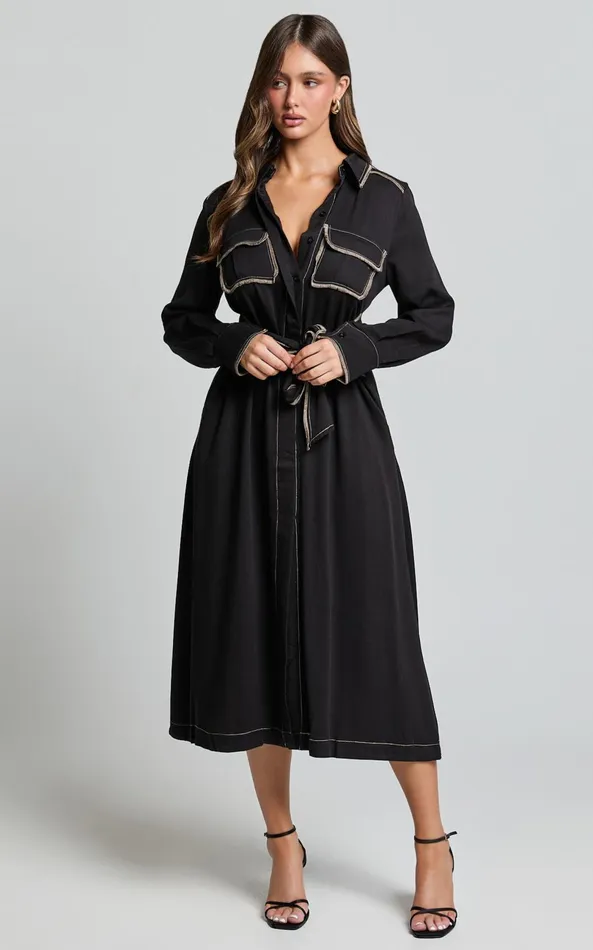 Showpo Ally Midi Dress 8211 Collared Button Through Long Sleeve Tie Dress In Black Women Dresses