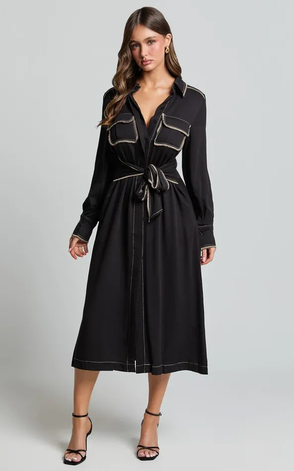 Showpo Ally Midi Dress 8211 Collared Button Through Long Sleeve Tie Dress In Black Women Dresses