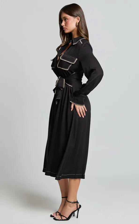 Showpo Ally Midi Dress 8211 Collared Button Through Long Sleeve Tie Dress In Black Women Dresses