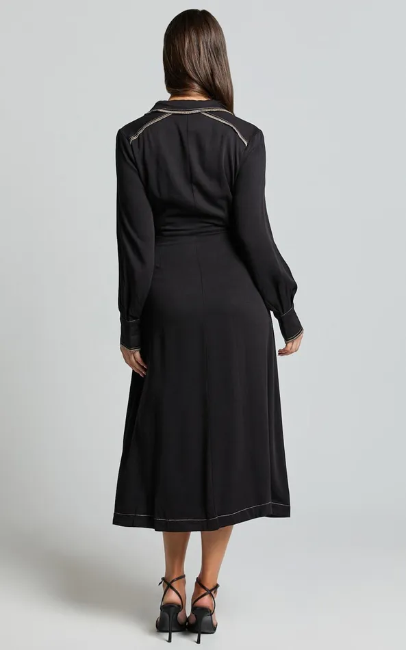 Showpo Ally Midi Dress 8211 Collared Button Through Long Sleeve Tie Dress In Black Women Dresses