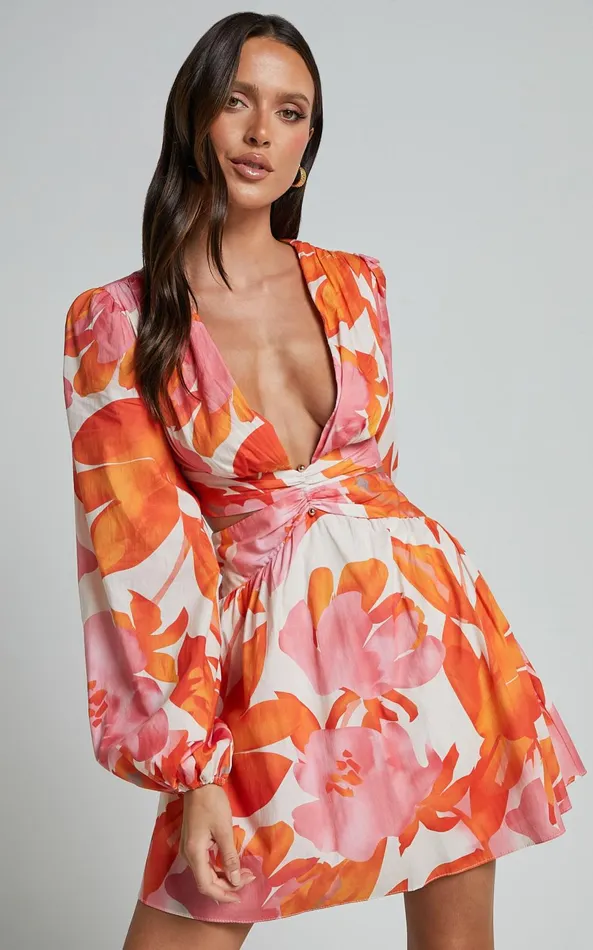 Showpo Ally Mini Dress 8211 Plunge Neck Long Sleeve A Line Dress In Print Women Dresses