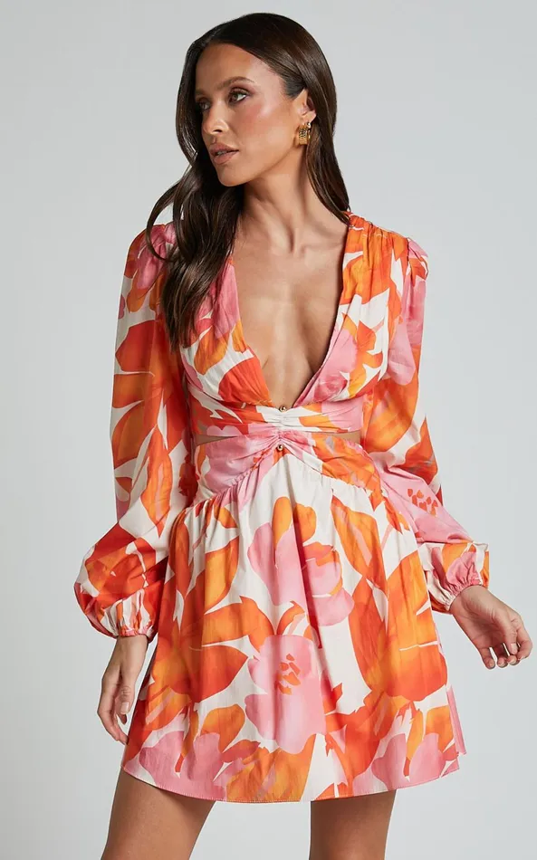 Showpo Ally Mini Dress 8211 Plunge Neck Long Sleeve A Line Dress In Print Women Dresses