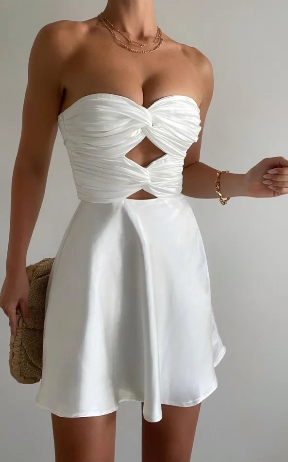 Showpo Almaeh Mini Dress 8211 Twist Front Cut Out Strapless Slip Dress In White Women Dresses
