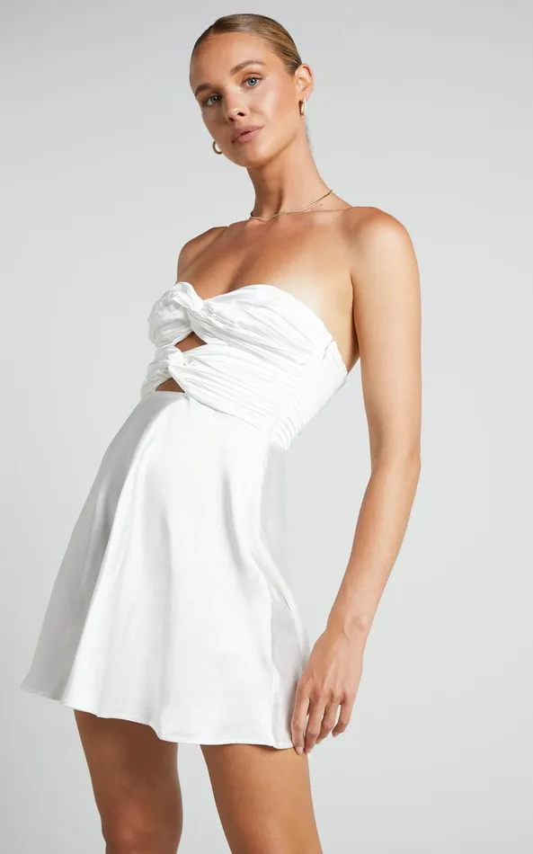 Showpo Almaeh Mini Dress 8211 Twist Front Cut Out Strapless Slip Dress In White Women Dresses