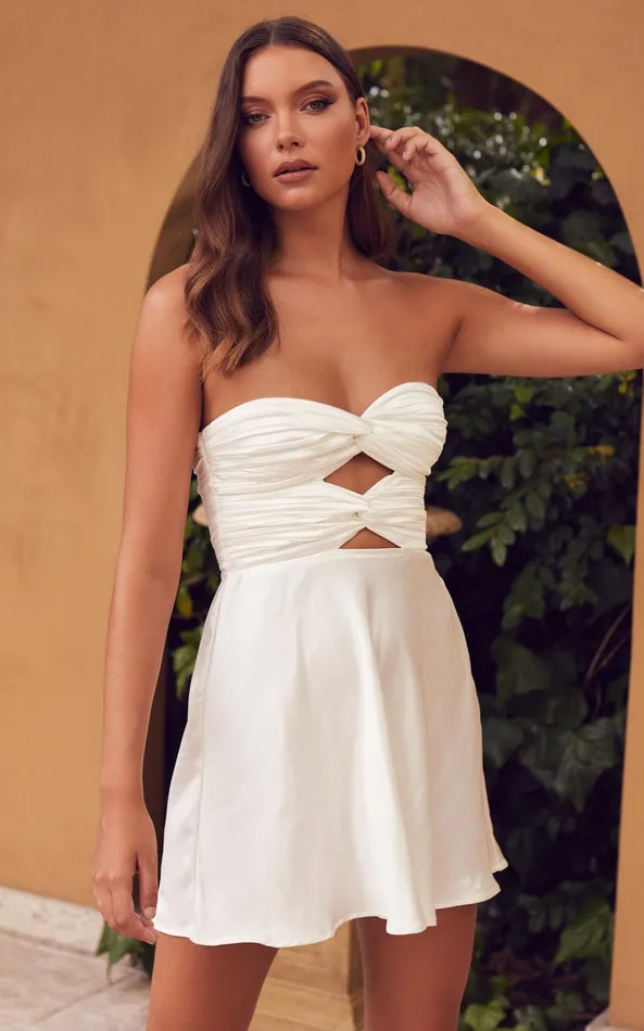 Showpo Almaeh Mini Dress 8211 Twist Front Cut Out Strapless Slip Dress In White Women Dresses