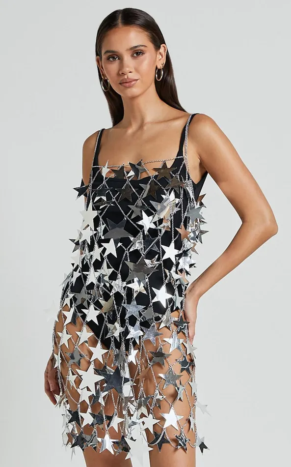 Showpo Alodia Mini Dress 8211 Star Detail Diamante Net Dress In Silver Women Dresses Showpo Alodia Mini Dress 8211 Star Detail Diamante Net Dress In Silver Women Dresses