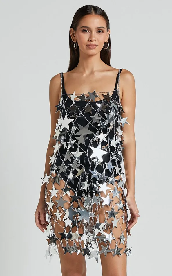 Showpo Alodia Mini Dress 8211 Star Detail Diamante Net Dress In Silver Women Dresses