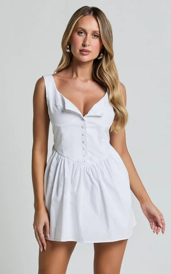 Showpo Alodia Mini Dress 8211 Wide Strap Straight Neck Wide Pleated Dress In White Women Dresses