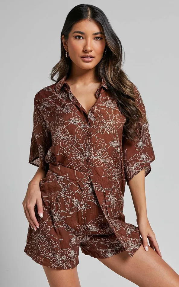 Showpo Alofi Top 8211 Collared Button Through Short Sleeve Blouse In Brown Floral Women Tops Showpo Alofi Top 8211 Collared Button Through Short Sleeve Blouse In Brown Floral Women Tops