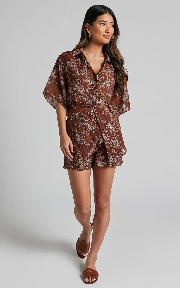 Showpo Alofi Top 8211 Collared Button Through Short Sleeve Blouse In Brown Floral Women Tops