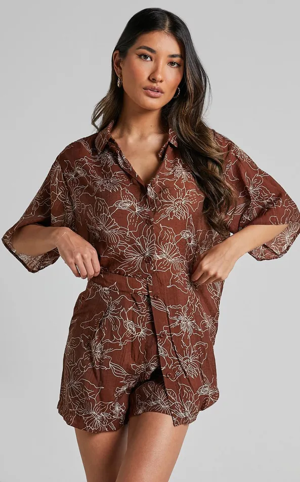 Showpo Alofi Top 8211 Collared Button Through Short Sleeve Blouse In Brown Floral Women Tops